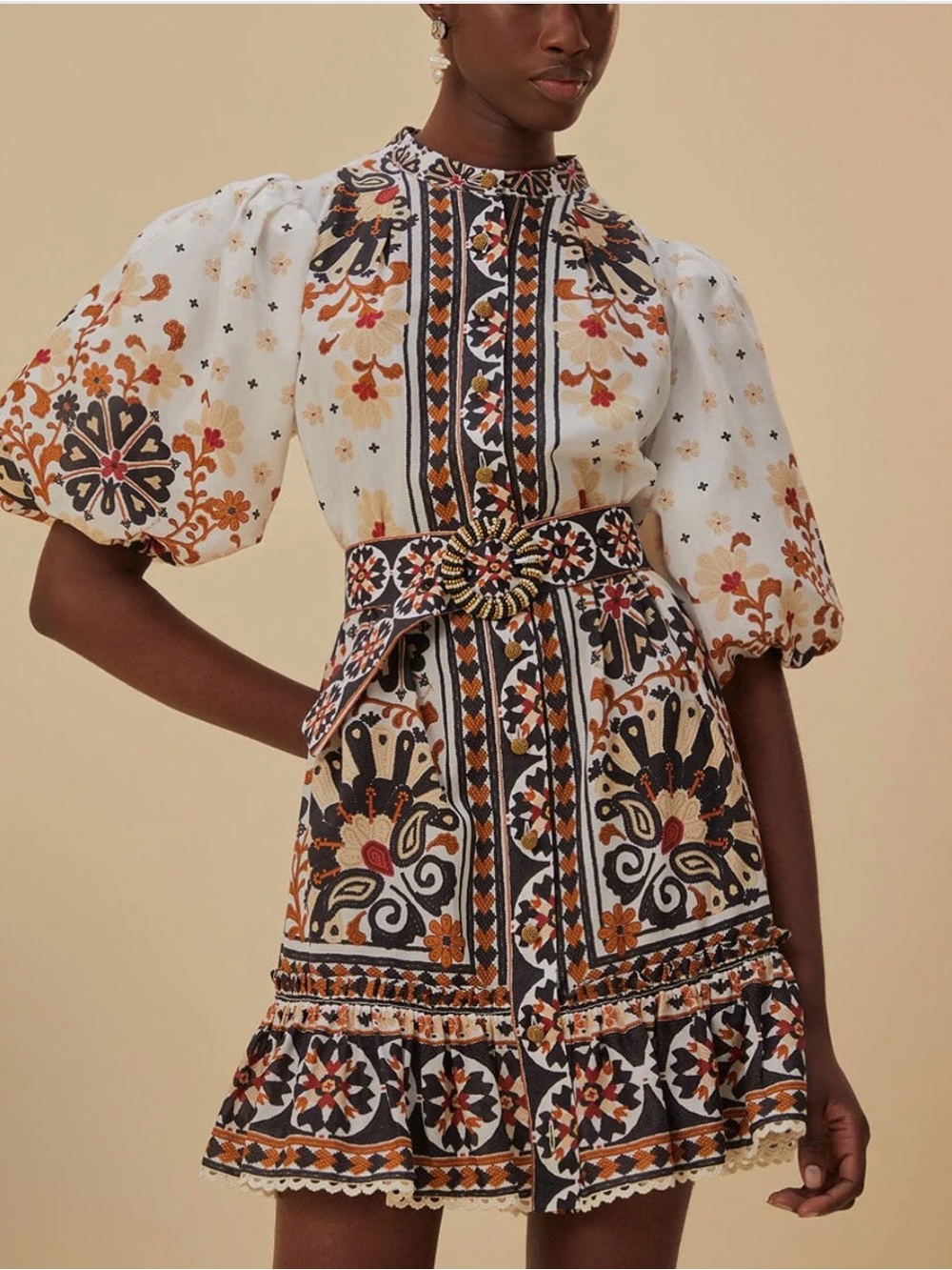 FARM RIO FLOWER FAN TAPESTRY OFF-WHITE MINI DRESS
